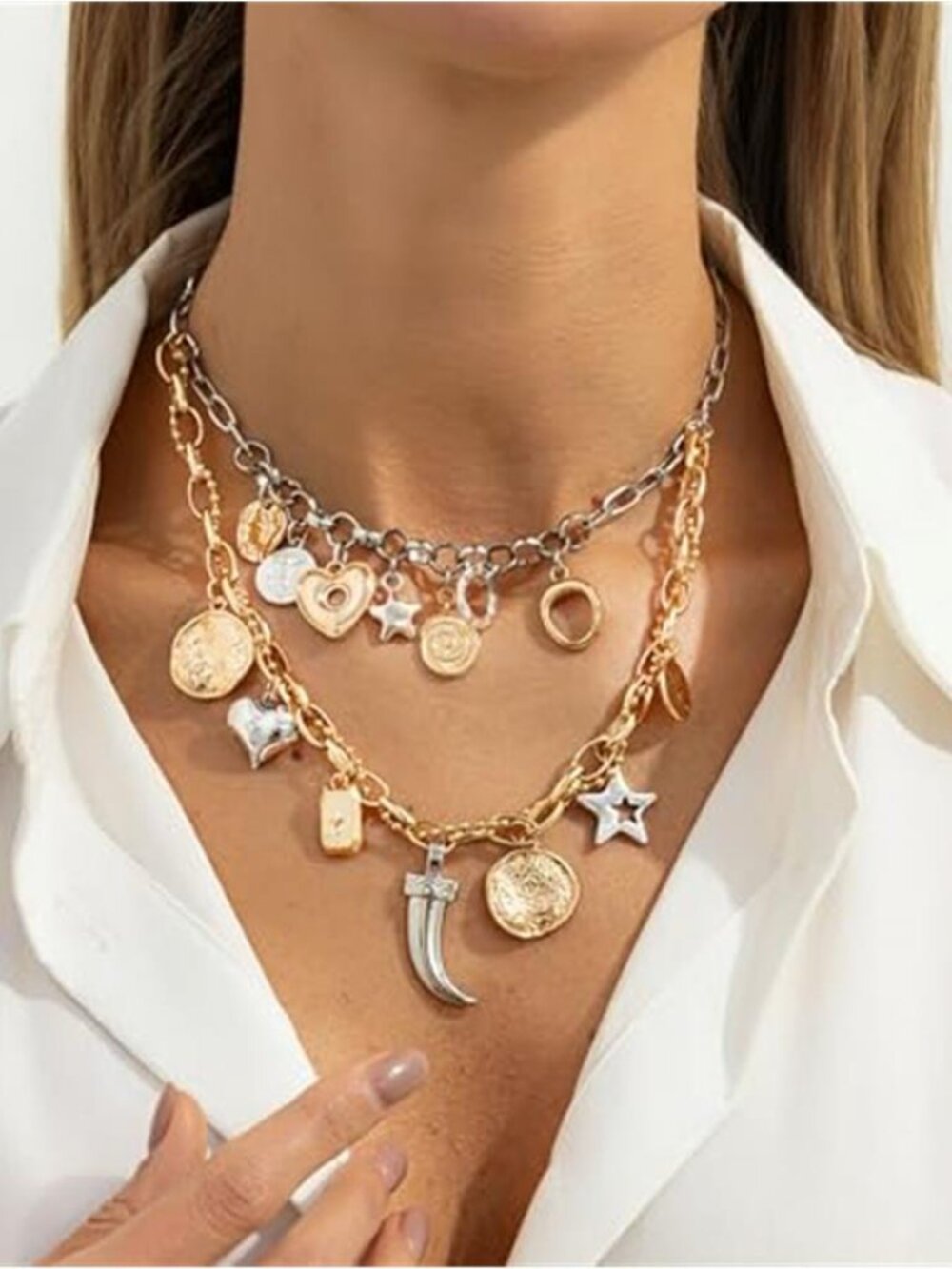 Gold & Silver Tone Chunky Link Chain Y Lariat Necklace Adjustable Long Statement
